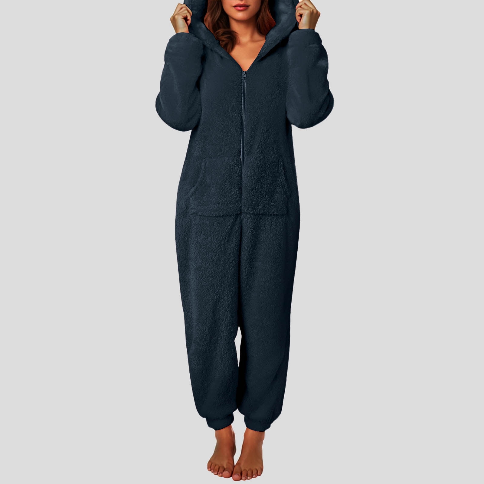 Rotm Onesie Pjs for Women Womens Plus Size Onesies Pajamas Winter Fuzzy Sherpa Adult Hooded One Piece Jumpsuit Cute Zipper Fleece Romper Sleepwear Navy,2XL