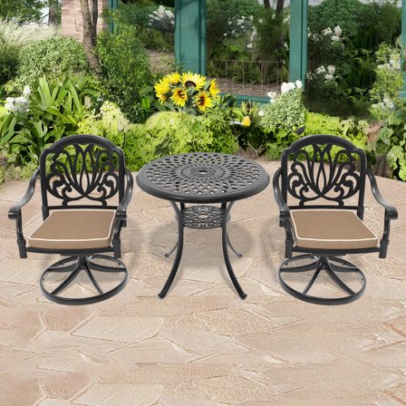 3-Piece All-Weather Cast Aluminum Patio Dining Set: 2 Swivel Chairs & 30.7" Round Table, Black, Weather/UV Resistant, Cushions Included for Garden & Outdoor Use