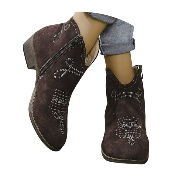YLYL Women's Western Booties Classic Point Toe Embroidered Low Heel Cowboy Boot with Zipper Ankle Boots