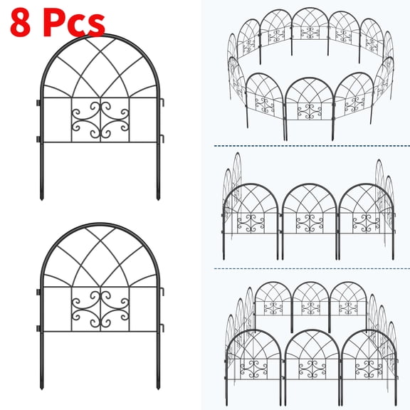 EuKer 8 Pcs Metal Garden Fence Panels, Arched Animal Barrier for Pet, Garden, Yard, Black