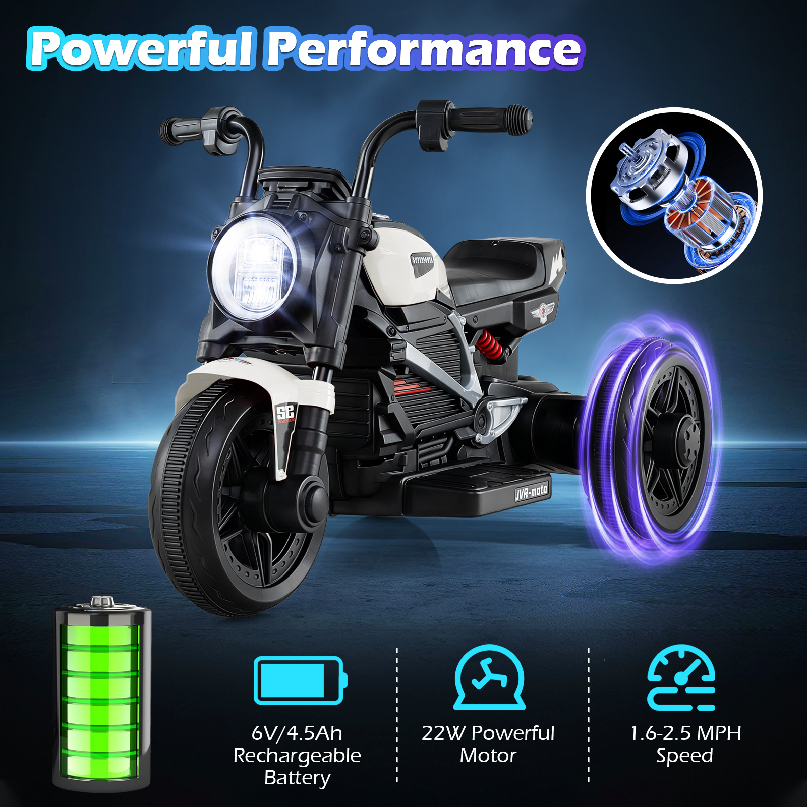 Gymax 6V Kids Motorcycle w/Song Story LED Headlights Accelerator Pedal&3 Wheels White