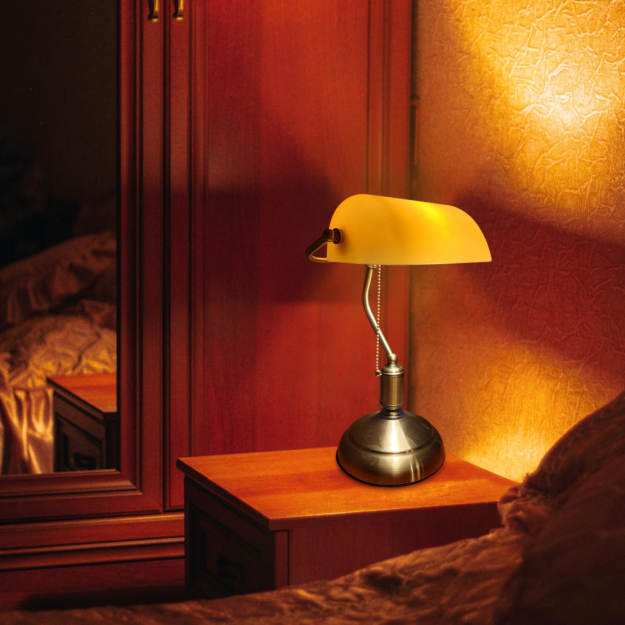 Kiven Cordless Bankers Table Lamp,1-Light Dimmable Bedside Lamps for Nightstand with Glass Lampshade, Vintage Rechargeable Desk Lamp for Reading Home Decor Bedside TD1119
