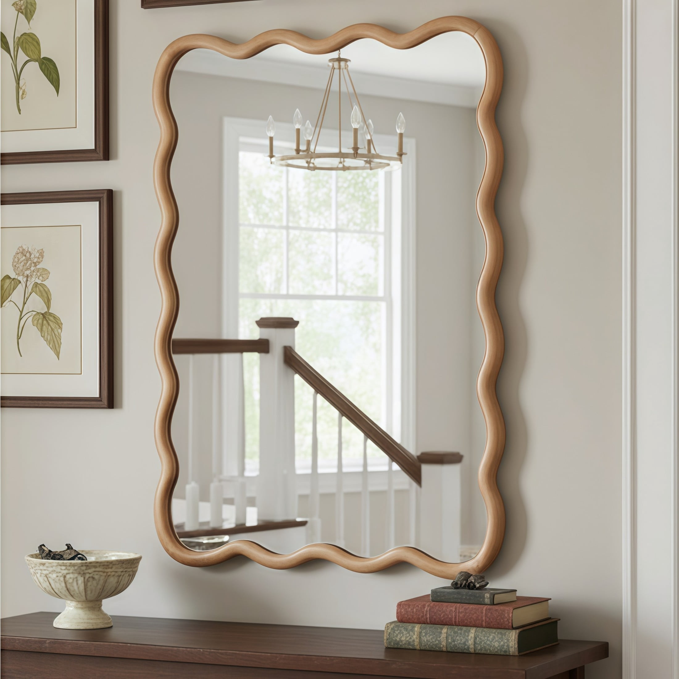 Noble House 30x40 Inch Wavy Rectangle Wall Mirror, Solid Wood Decorative Vanity Mirror, Natural
