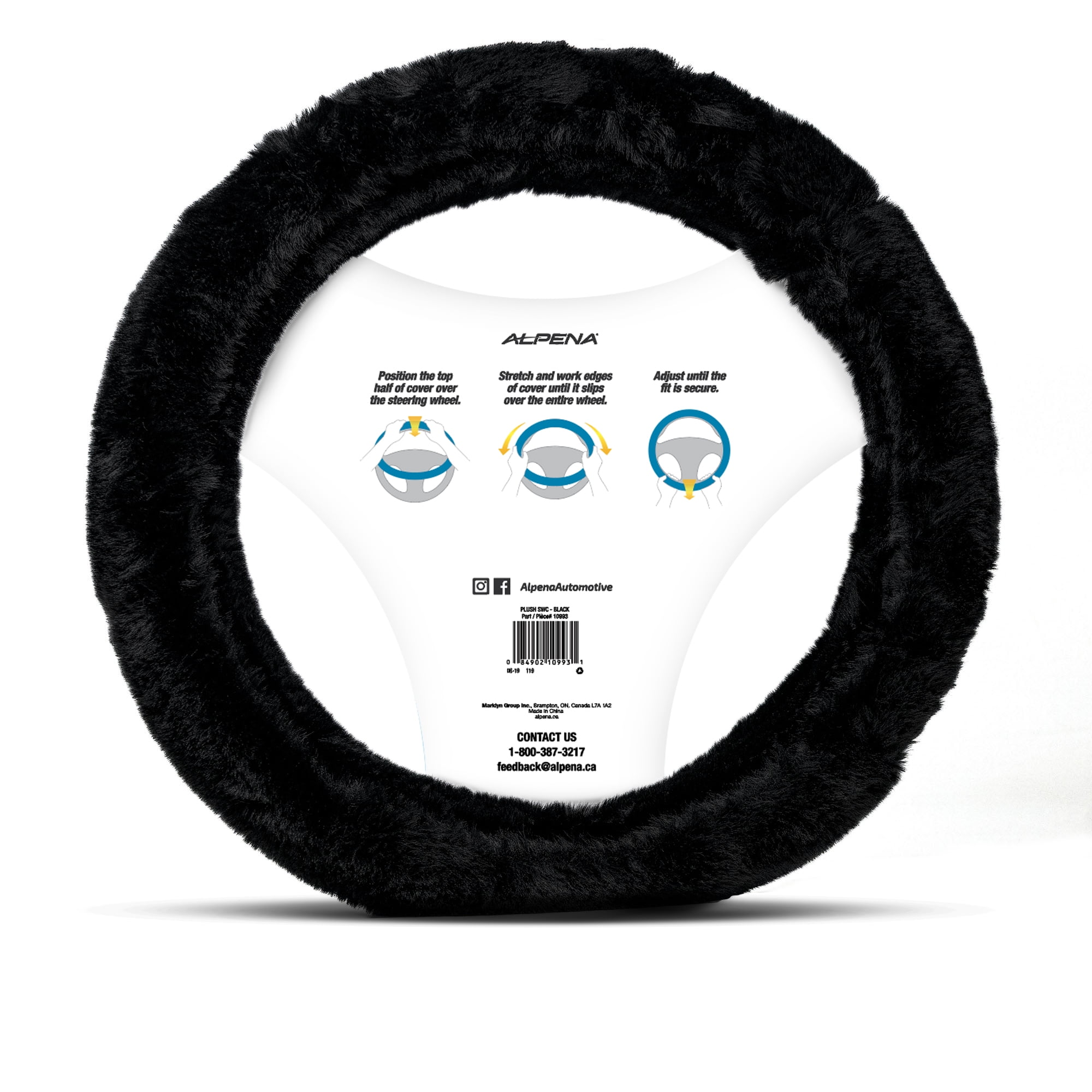 Alpena Black Plush Comfort Universal Fit Furry Steering Wheel Cover for 14" to 15" Diameter Steering Wheels