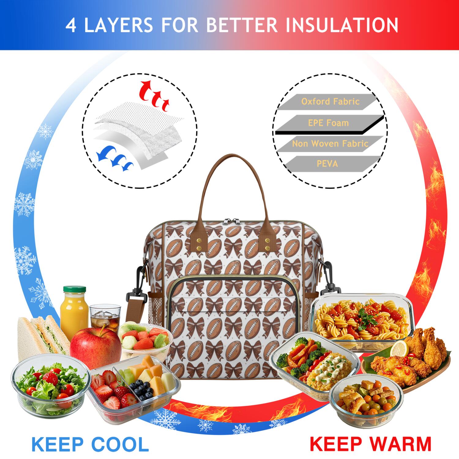 Brown Footballs and Bows Pattern Womens Lunch Box for Work,Insulated Large Lunch Bag for Tween and Teen,Loncheras Para Mujer,Leakproof Adult Lunch Bag for Work,Beach,Travel,Picnic,Camping