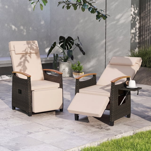Gymax Set of 2 Patio Wicker Recliner Chair Rattan Lounge Chair w/ Adjustable Backrest Mix Brown