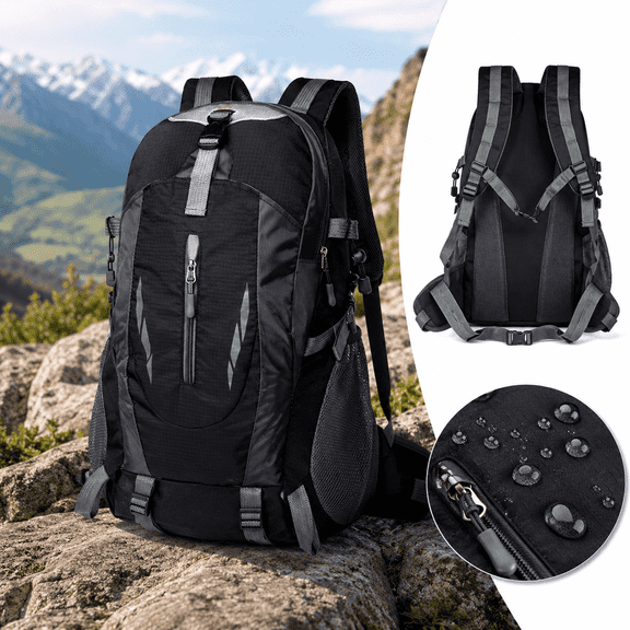 Black 40L Large Capacity Water Resistant Hiking Backpack Multi Compartment With Hip Belt For Outdoor Travel Camping