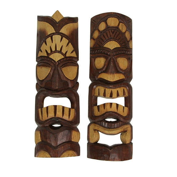 Zeckos Carved Natural Stained Wood Polynesian Style Tiki Wall Hanging Masks 20 inch