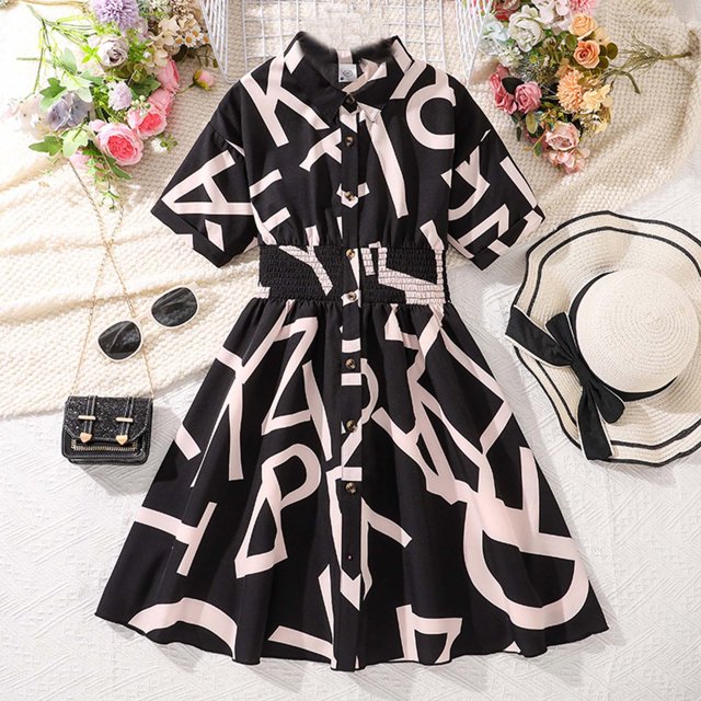 WILLBEST Vestidos de Algodon para Mujer Vestido Camisero de Verano de Manga Corta para Niña con Cuello Abotonado y Estampado de Letras, Largo Completo, Diseño de Cintura Fruncida 170