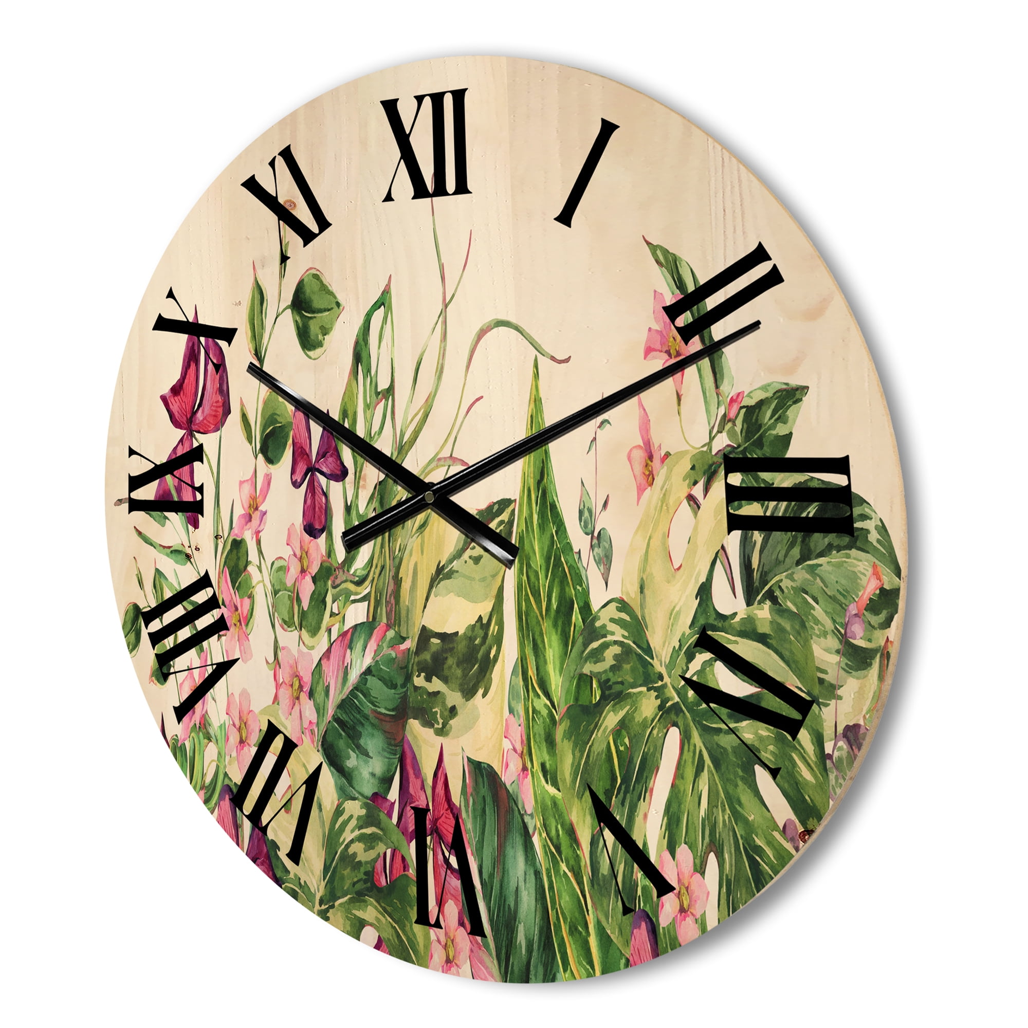 Designart 'Ancient Floral Tropical Leaves I' Tropical Wood Wall Clock