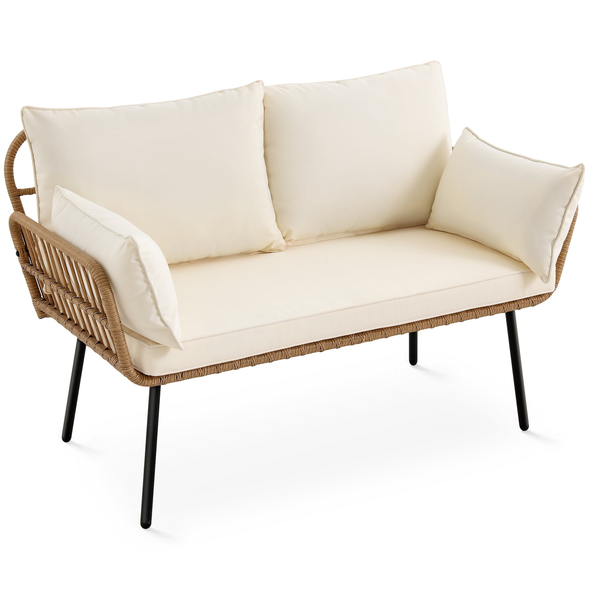 Uforic Patio Furniture Wicker Outdoor Bistro Set, All-Weather Rattan Conversation Loveseat Sofa Chairs and Rectangle Table with Umbrella Hole - Beige