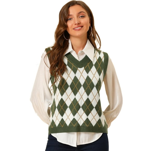 Women's Plaid Check Knit Argyle Sweater Sleeveless Vest Green L