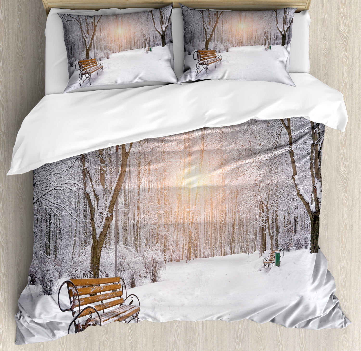 Winter Duvet Cover Set King Size, Snowy Leafless Trees and Benches in