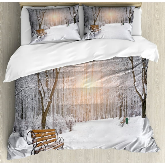 Winter Duvet Cover Set Queen Size, Snowy Leafless Trees and Benches in the City Park Sunset Woodland Outdoors, Decorative 3 Piece Bedding Set with 2 Pillow Shams, Umber White Orange, by Ambesonne