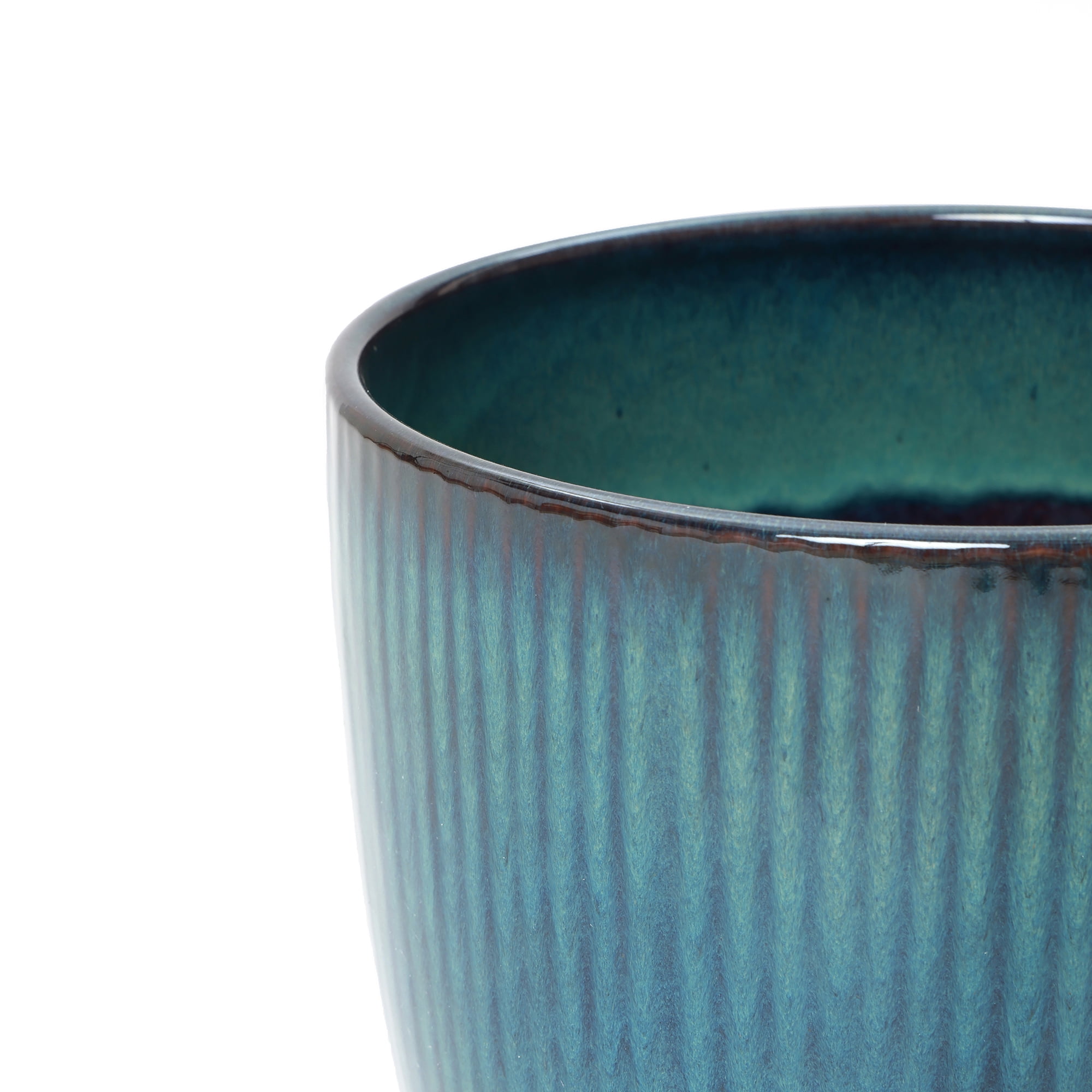 LuxenHome 12" Dia Large Round Plant Pots with Vertical Line Texture, Modern Blue Ceramic Planter for Living Room, Patio, Garden