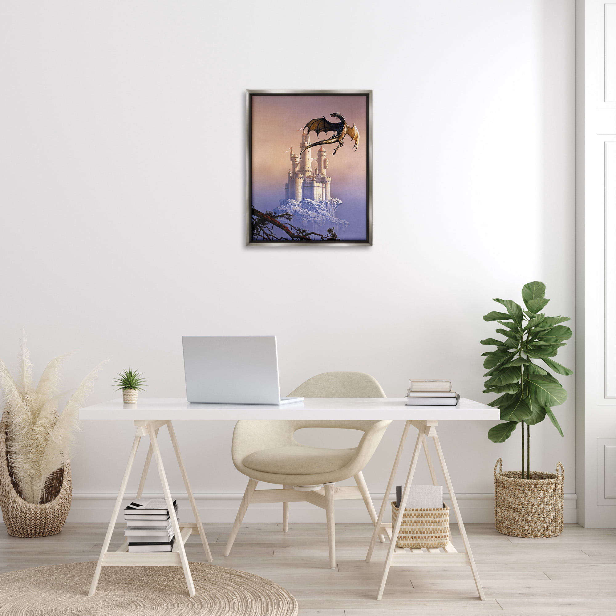 Stupell Industries Magical Dragon & Castle Fairy Tales & Fantasy Painting Gray Floater Framed Canvas Art Print Wall Art, 25 x 31