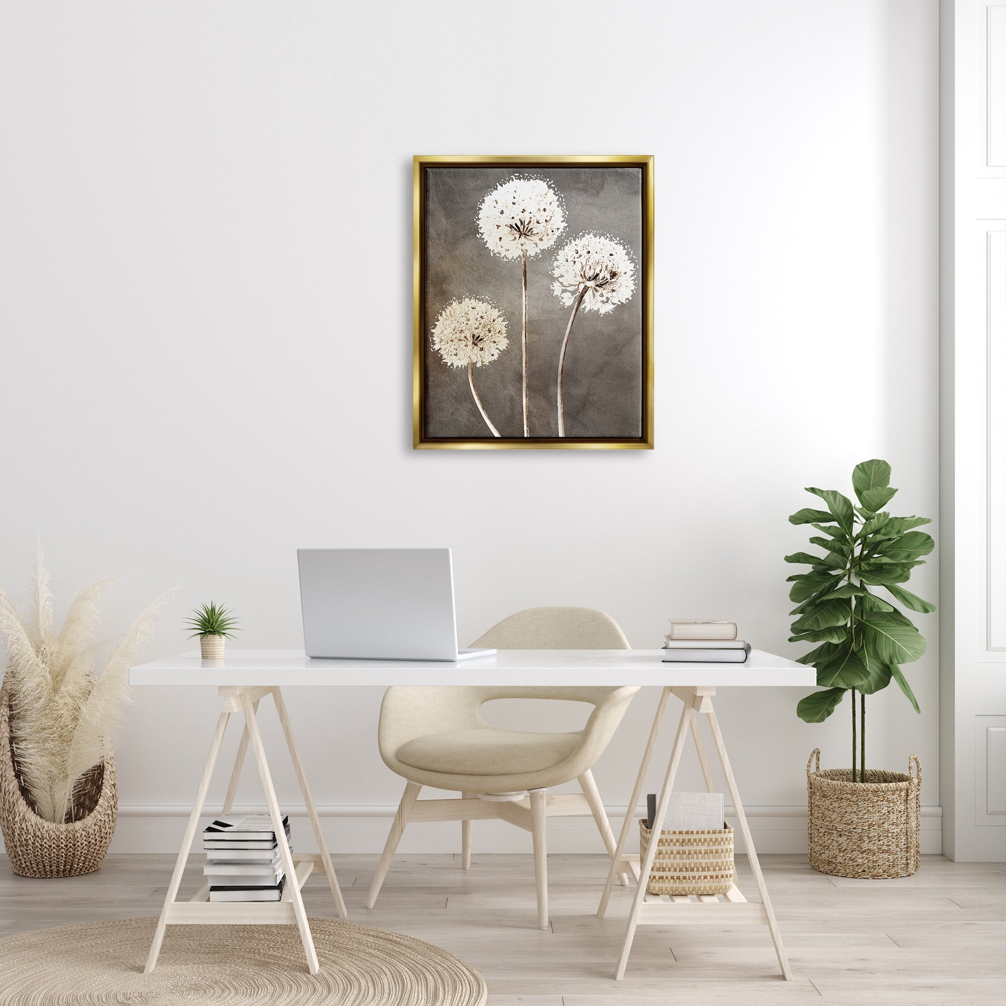 Stupell Industries Fluffy Dandelion Plants Wildflower Botanical Blooms Graphic Art Metallic Gold Floating Framed Canvas Print Wall Art, Design by Kim Allen