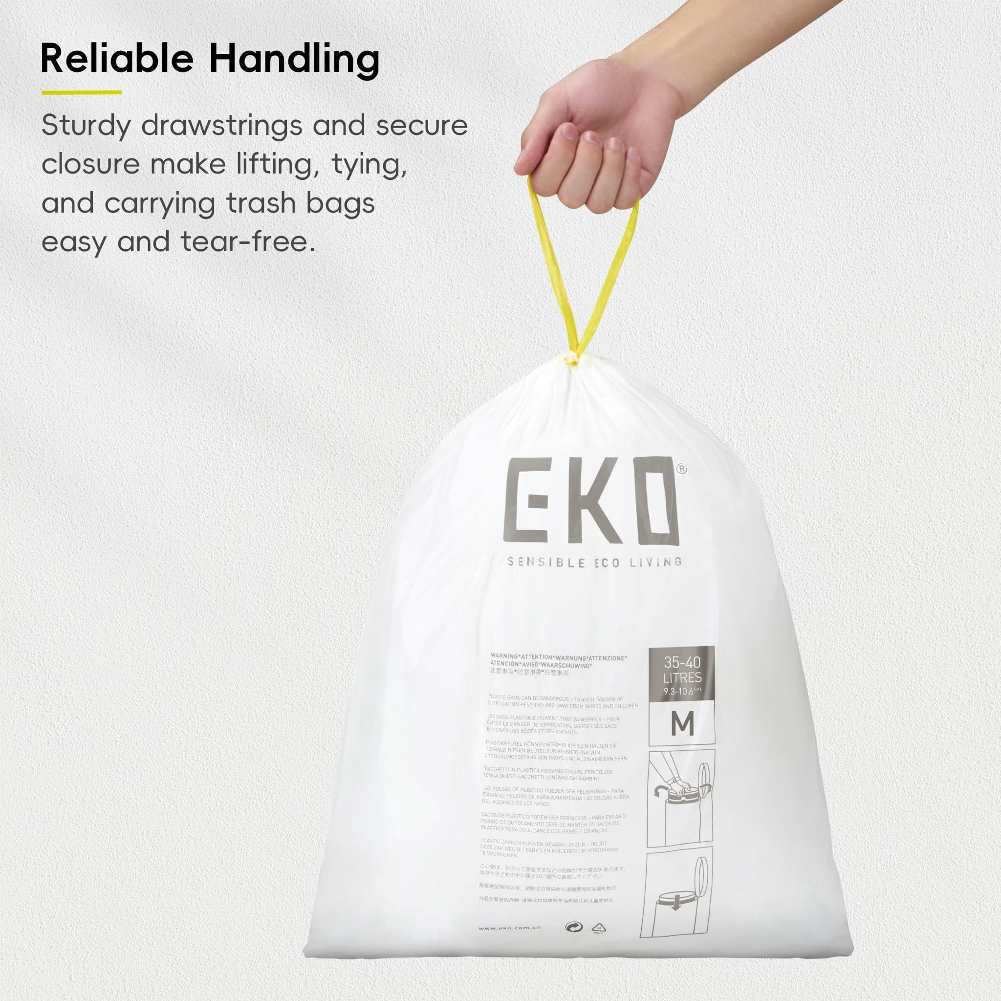 Eko 10.6 Gallon / 35-40 Liter Drawstring Trash Bags  60 Count Heavy-duty Tall Kitchen Garbage Can Liners Extra-strong Leak-resistant Unscented White Code M