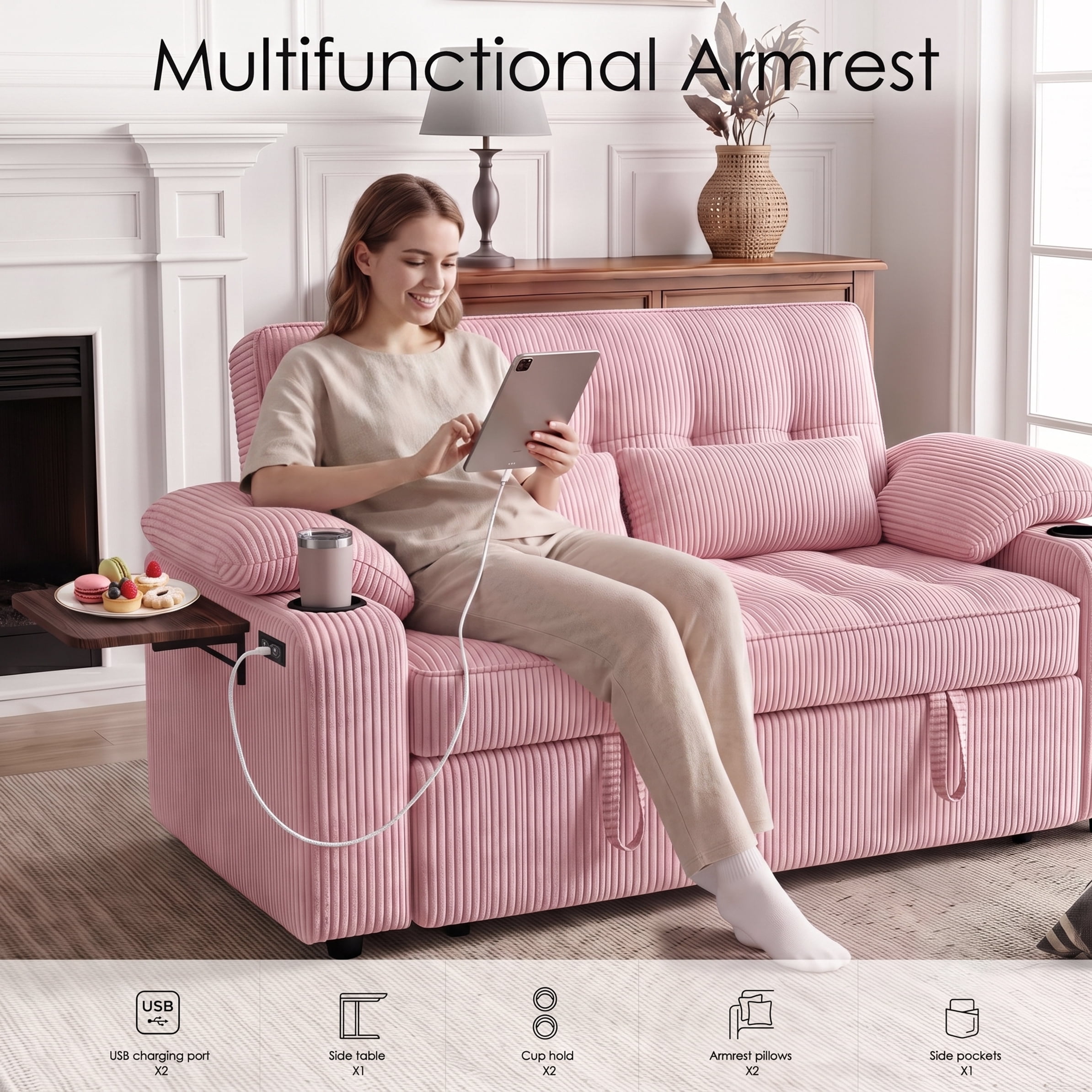 58" Convertible Sleeper Sofa Bed, Full Size Pull Out Couch with USB Charging, Cup Holders, Side Table, Adjustable Backrest, Corduroy Loveseat for Living Room, Apartment, Office (Pink)