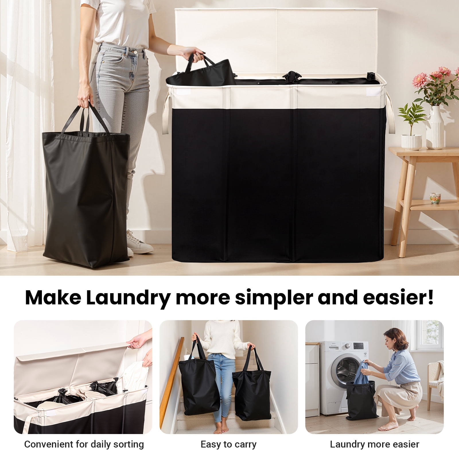 Large Laundry Hamper with Lid, 3-Bin Laundry Baskets with Removable Bags,190L