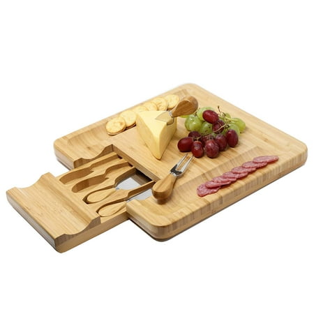 Kagura Bamboo Cheese Board Cracker Serving Cutlery charcuterie Set with Slide-Out Drawer Plate Knives kit -