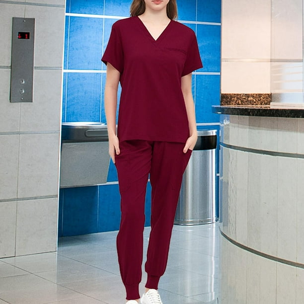 Conjunto de ropa de uniforme para mujer, trajes de trabajo, top de enfermera y pantalón de chándal, ropa de pantalón, top médico cómodo - escote y cor Rojo
