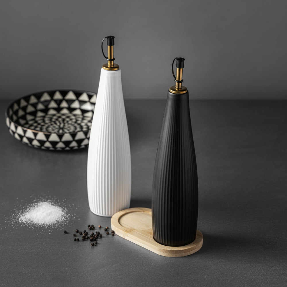(2 pack) Thyme & Table Ceramic Oil and Vinegar Cruet Set with Bamboo Base, Black