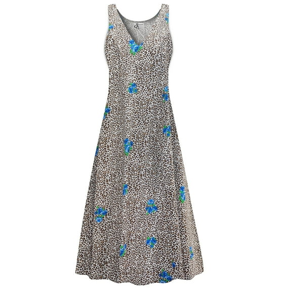 Plus size Petite Womens Dress Cheetah Hydrangea Designer Print Sleeveless Low V-Neck Princess Cut