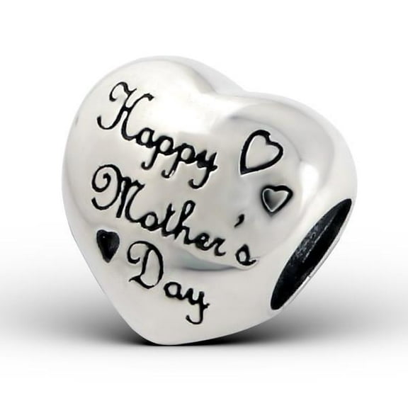 .925 Sterling Silver "Heart Happy Mother's Day" Charm Spacer Bead for Snake Chain Charm Bracelet