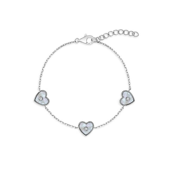 6"- 7" Simulated Mother of Pearl Heart CZ Kids Girls Bracelet - Sterling Silver