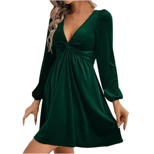 Ltctricy Robe en Velours pour Femmes Manches Longues Lanterne Col en V Profond Torsadé devant Froncé Robe Mini Fluide Ligne A Robes de Cocktail (Vert, Moyen)