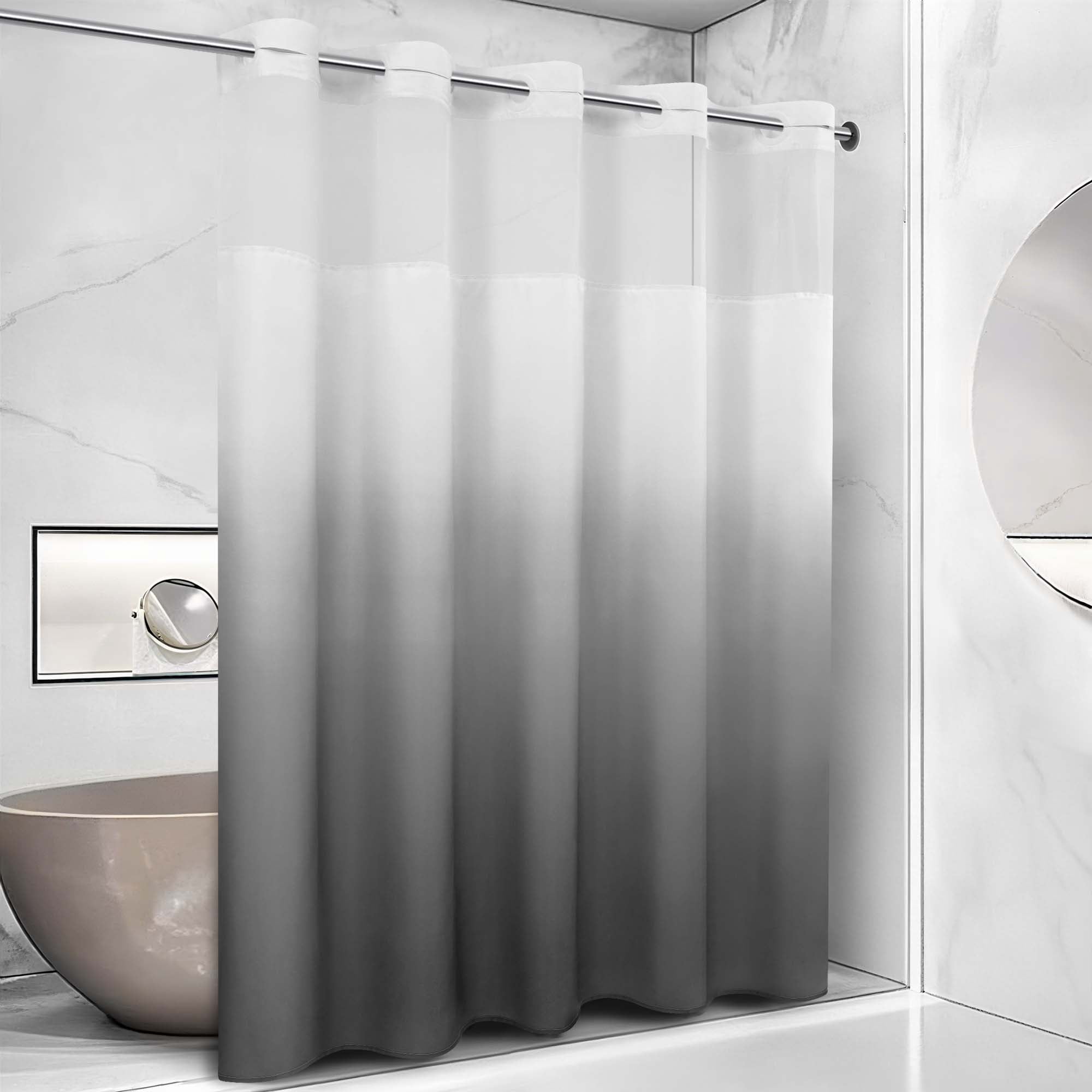 Ikfashoni Hookless Shower Curtain with Snap in Liner, Gray Gradient No Hook Waterproof Ombre Bath Curtain, 71"X74"