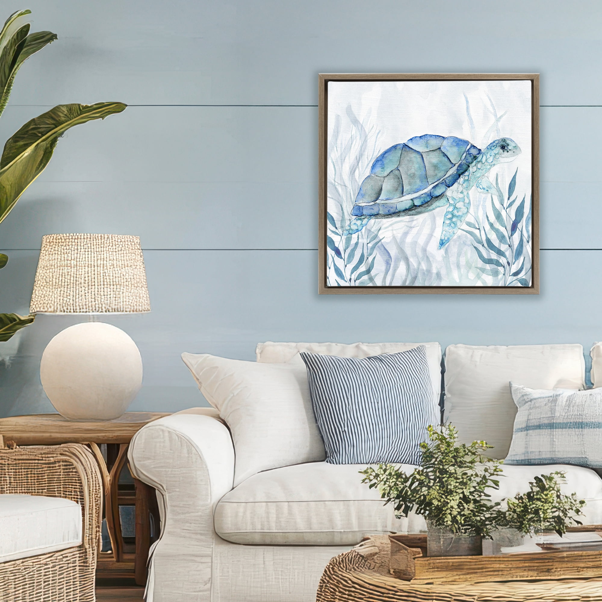 Stupell Industries Smiling Turtle Gaze Brown Framed Floater Canvas Wall Art, design by Janet Tava
