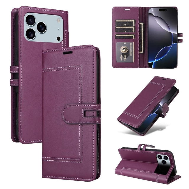 Premium Wallet Case for iPhone 17 Pro Max with Card Slots & Kickstand, Flip Cover Purple