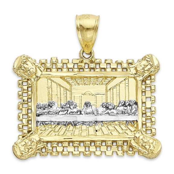 Dainty 10k Solid Two Tone Gold Last Supper Pendant with Box Link Detail for Necklace, Catholic Gift for Her