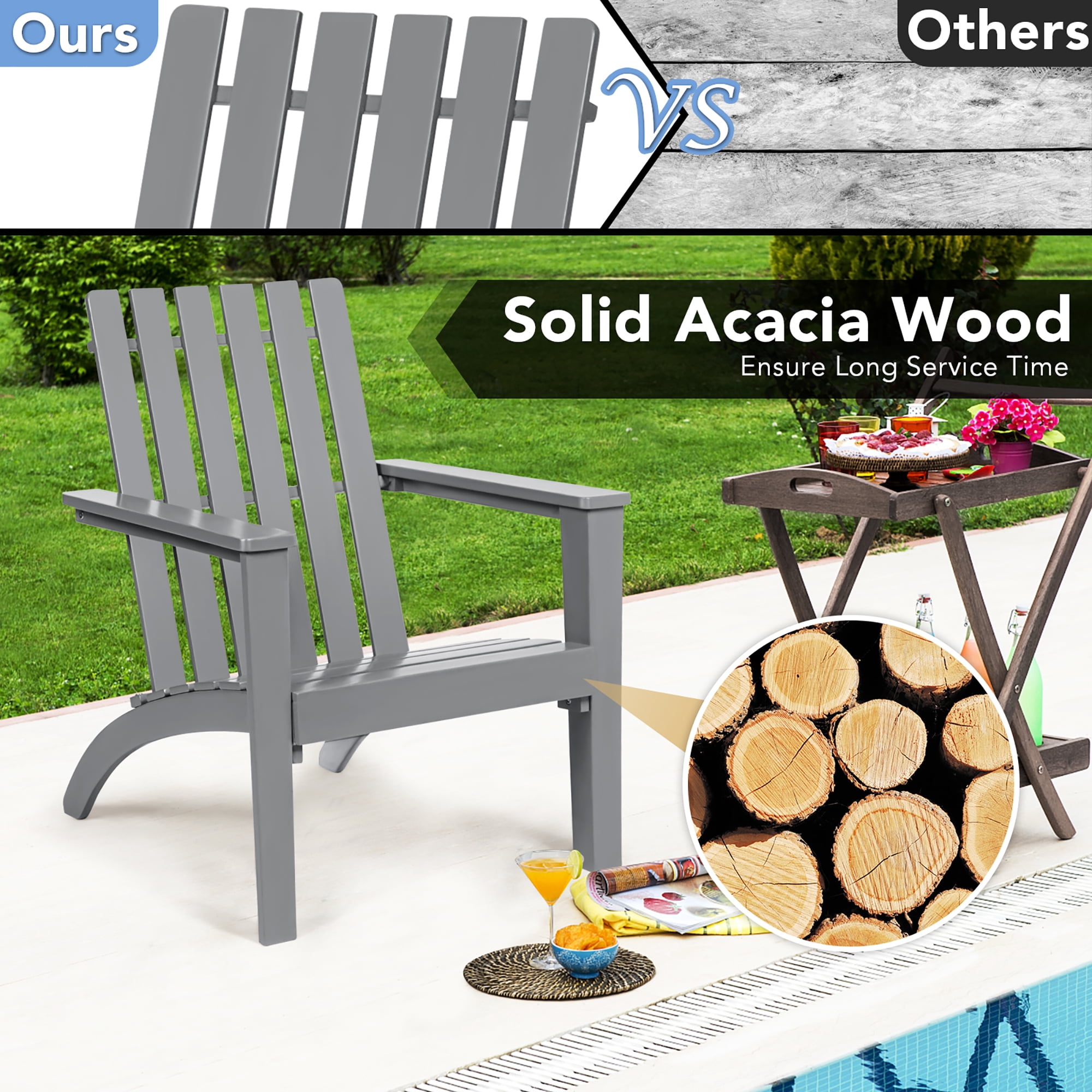 Costway Patio Adirondack Chair Acacia Wood Lounge Armrest Garden Deck Gray