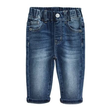 KIDSCOOL SPACE Baby Jeans Toddler Elastic Waistband with D-ring Soft Stretch Denim Pants Mid Blue 6-9 Months