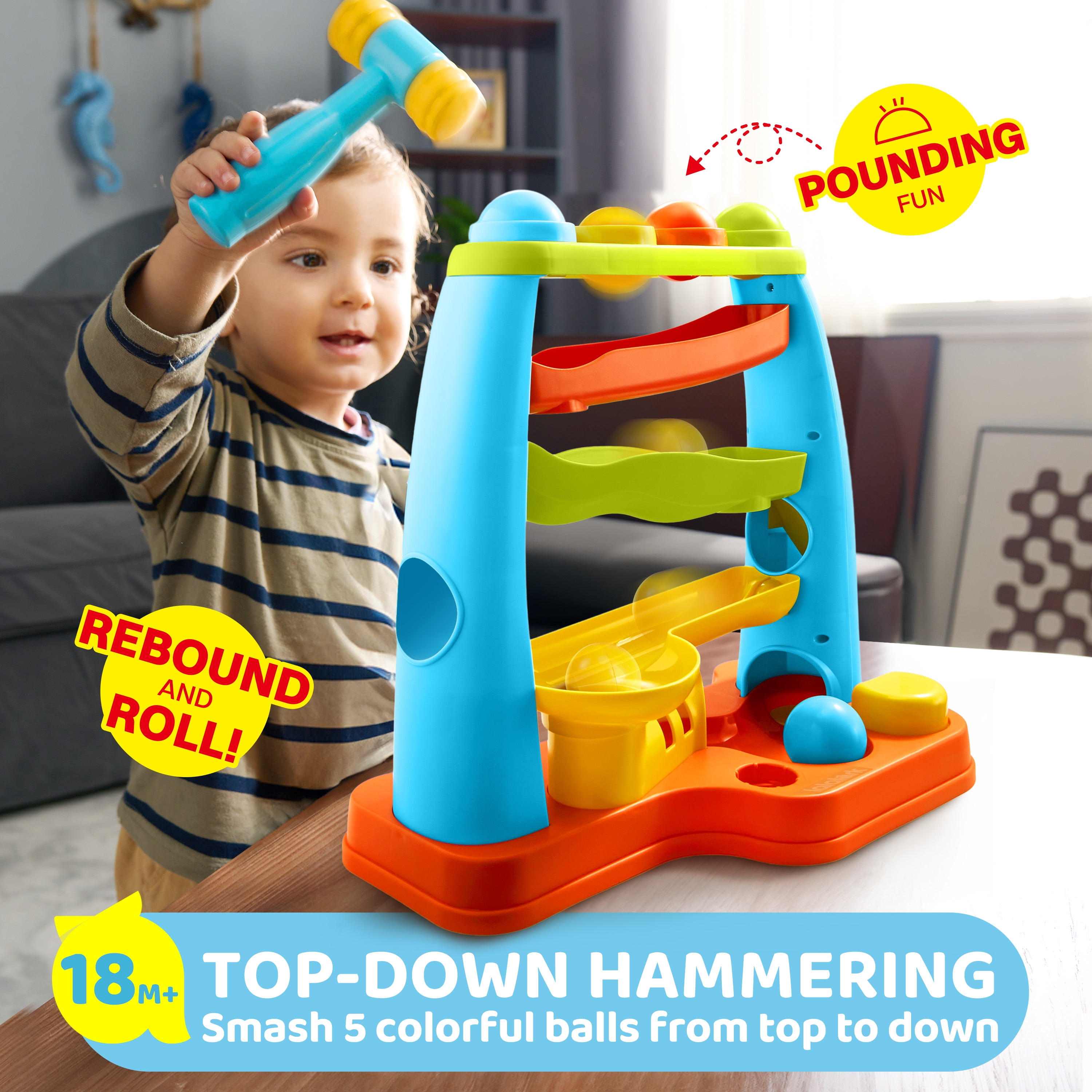 lalalark Ball Drop Toy for Toddlers 1-3 Track Stacking Montessori Learning Toy Pound a Ball with Hammer, Early Developmental Christmas Birthday Gift