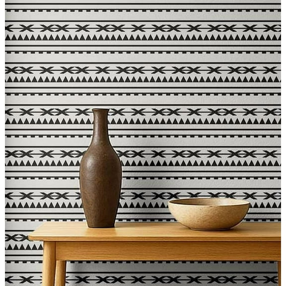 S4Sassy Self-Stick Decorative Wallpaper, Tribal Stripe Print Wall Paper, Vinyl Waterproof Contact Paper, Black, 25"x120"inch Removable Renter Friendly Wall Covering For Bedroom, Dining Room