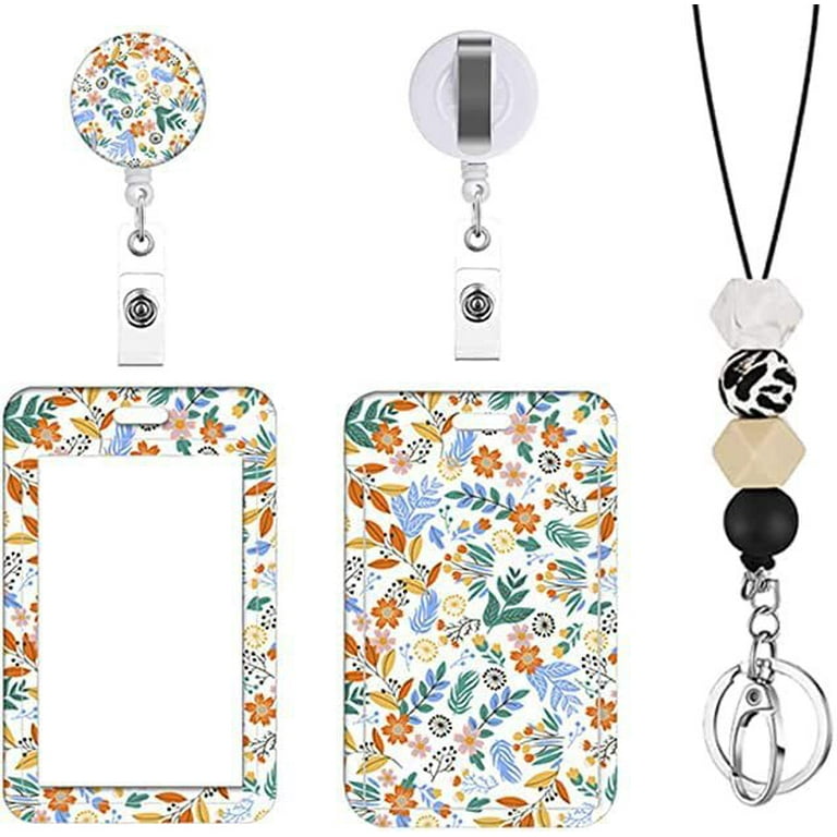 Cute Floral Lanyard with Silicone Beads Retractable Badge Reel Clip ID Card  Lanyard Teacher Protector Clip Easy Pull Clip 