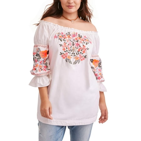 Poof Junior Plus Floral Embroidered Tunic Peasant Top