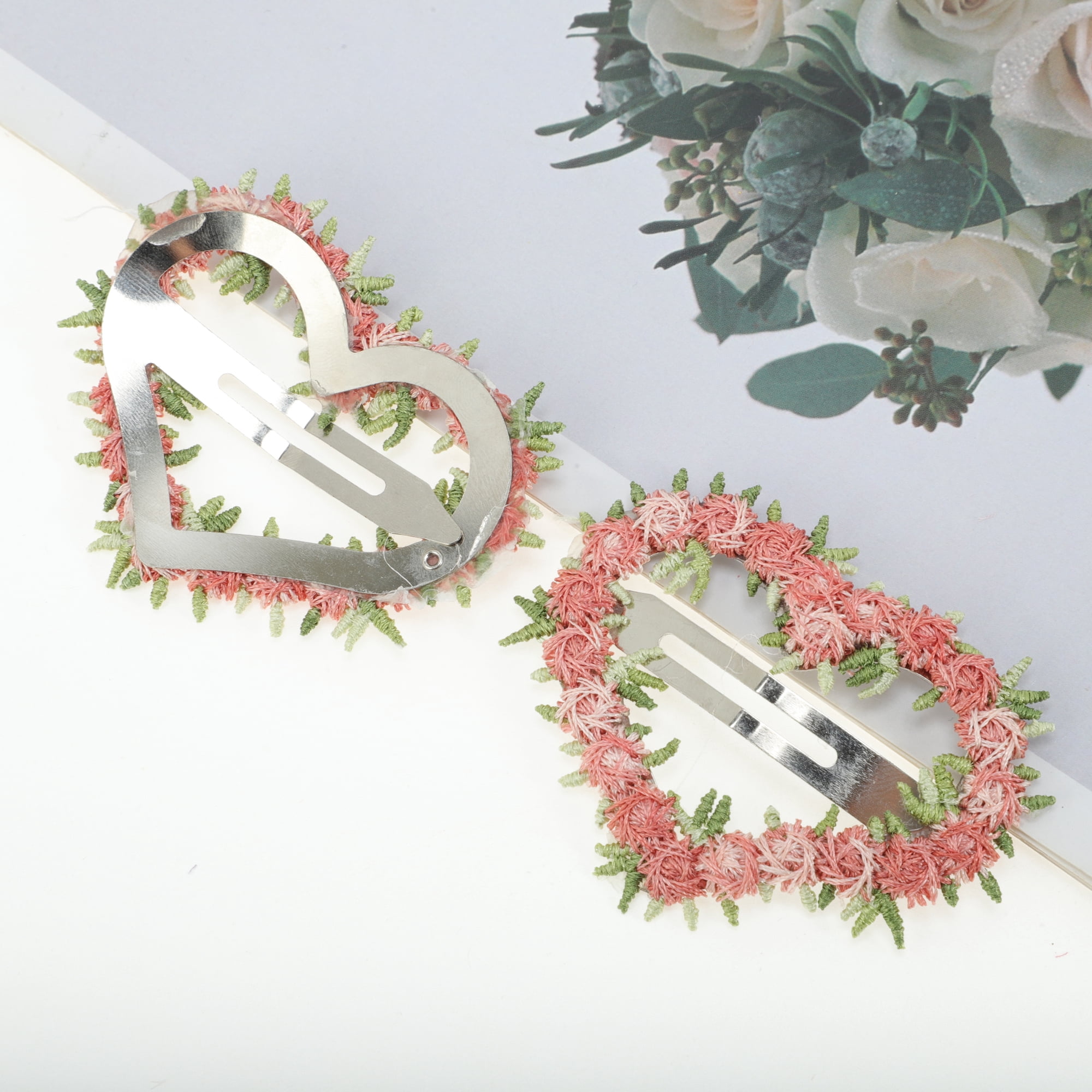 Unique Bargains 2Pcs Grace Fashionable Hairstyles Hair Clips Pink Spring Flower Heart