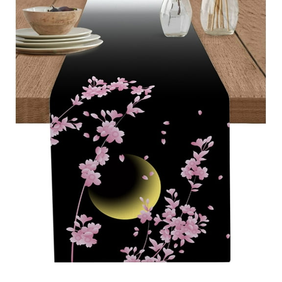 Table Runner Dresser Scarves 90 Inch Long, Japanese Cherry Blossom Flower Linen Dining Table Runners Pink Floral and Moon on Black Tabletop Scarf for Wedding Holiday Party Kitchen