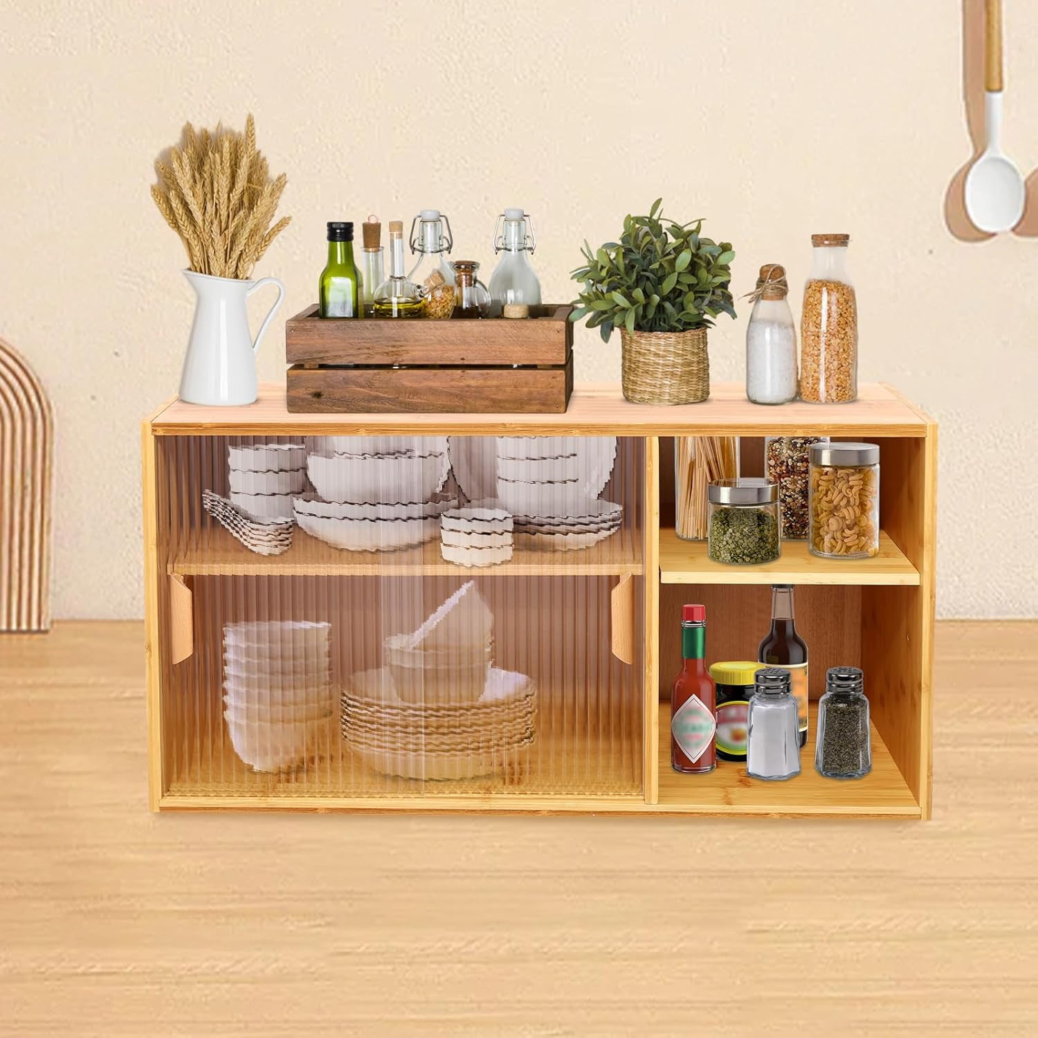 Kitchen Pantry Cabinet, Wall Mount or Countertop Sideboard with Glass Doors, 2 Tiers Rectangular Cupboard Food Pantry Cabinet for Kitchen, Dining Room, or Living Room (Log Color)