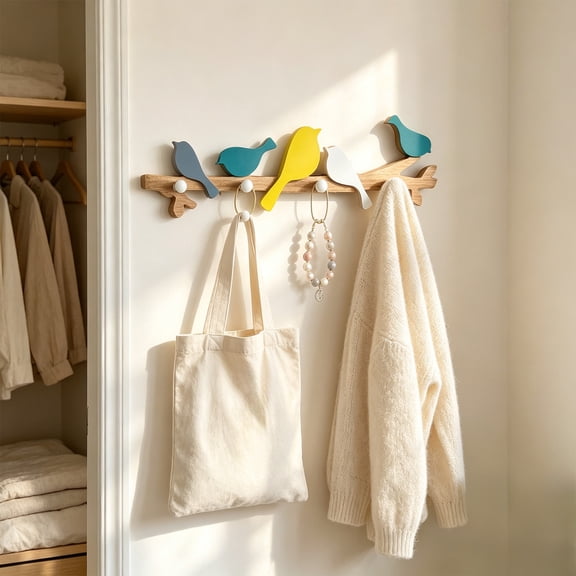 Decorative Bird Wall Hook, Rustic Wood Coat and Hat Rack with Multiple Pegs, Charming Entryway Organizer for Keys, Bags, and Scarves, Easy to Mount Home Decor for Hallway, Bedroom, and Living Room