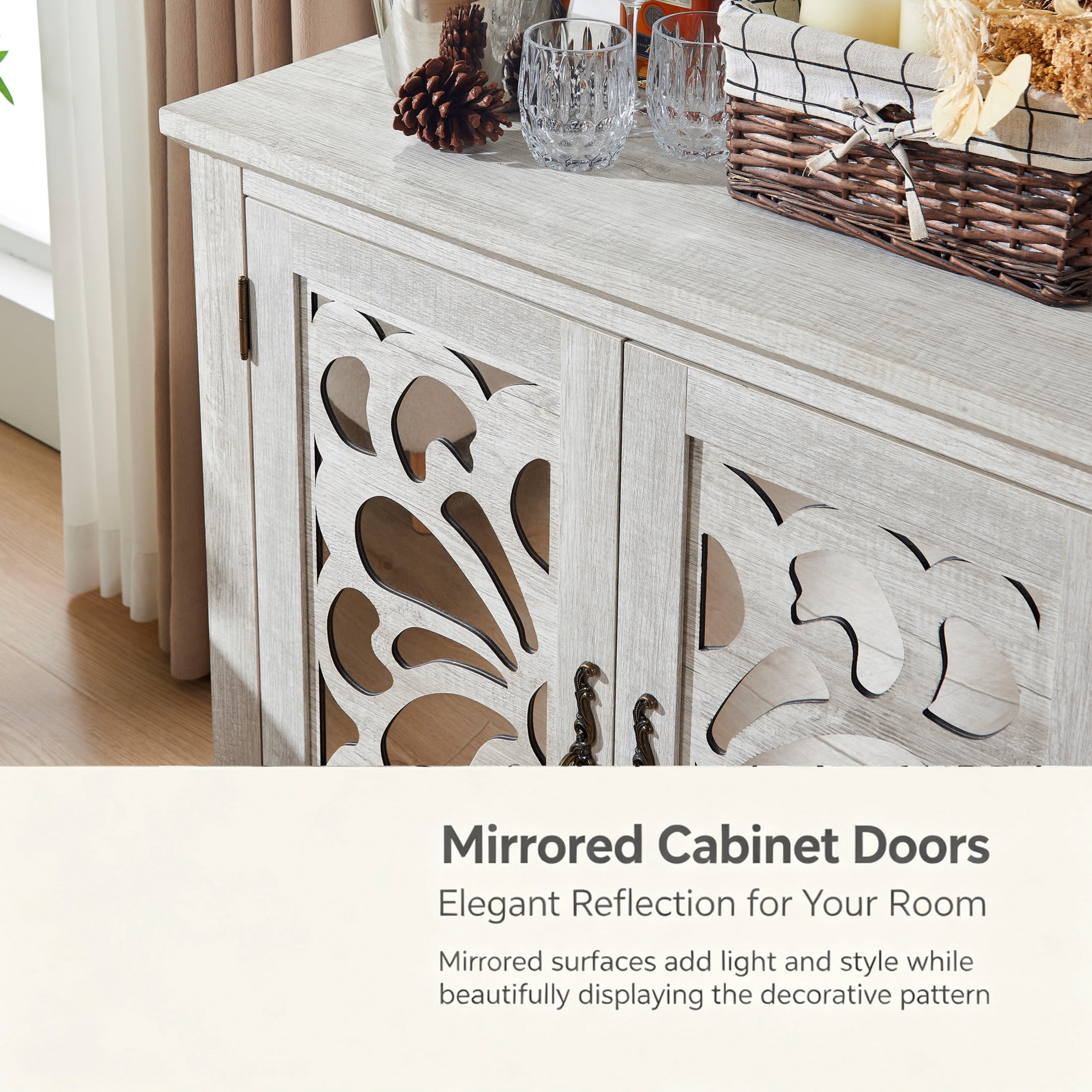 GDF Studio Danus 2-Door Acrylic Mirrored Sideboard Cabinet, Rustic Hollow-Carved Storage Cupboard for Kitchen, Light Gray