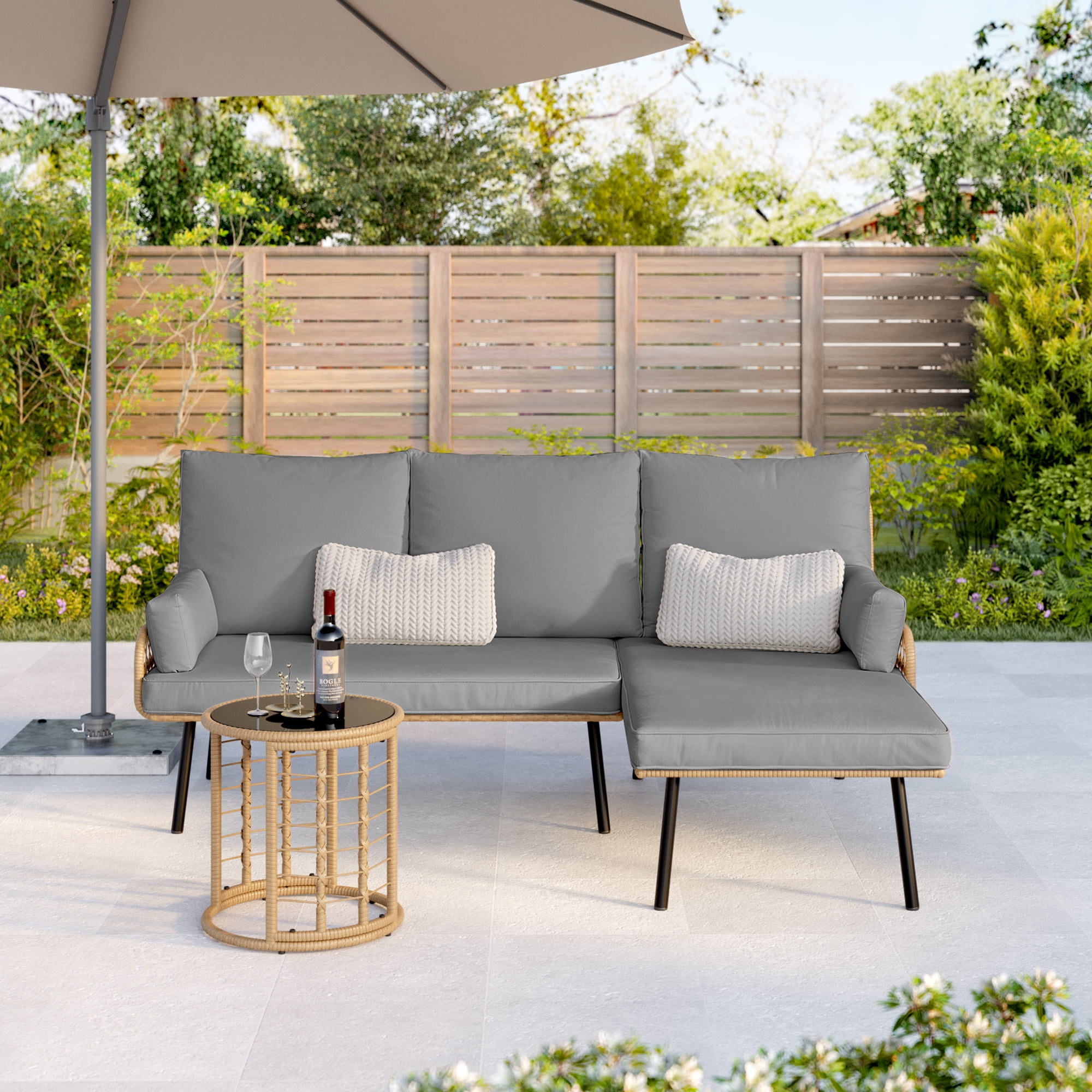 Outdoor Patio Furniture Set, Asofer Wicker Rattan L-Shaped Conversation Sectional Sofa Set with Thick Cushions & Table, Gray