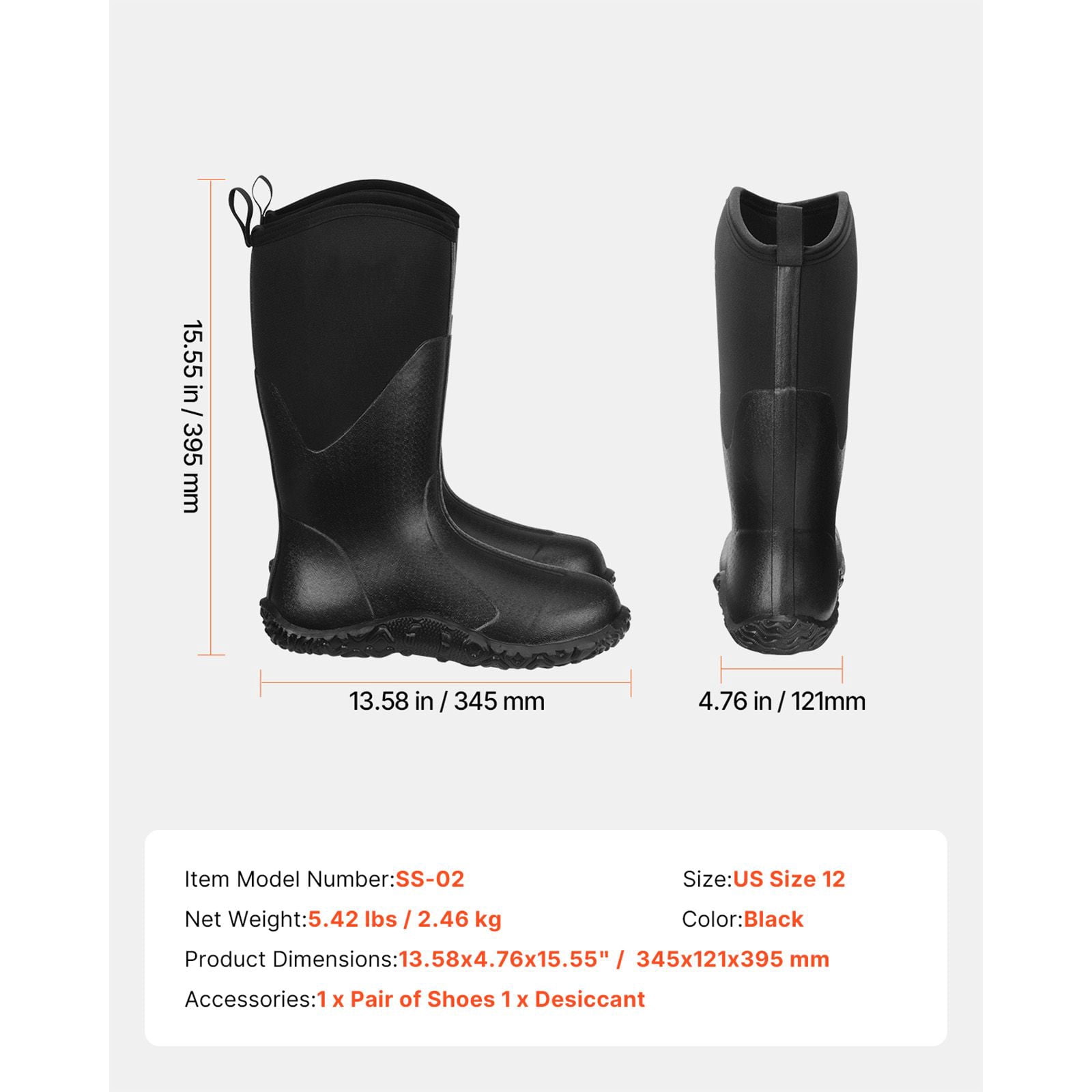 Men's Rubber Boots with 0.3" Thick Insulation, EVA Insole, Slip-Resistant Outsole, 125,000 Flex Test, Sizes 9-13 for Outdoor Rain Snow Work
