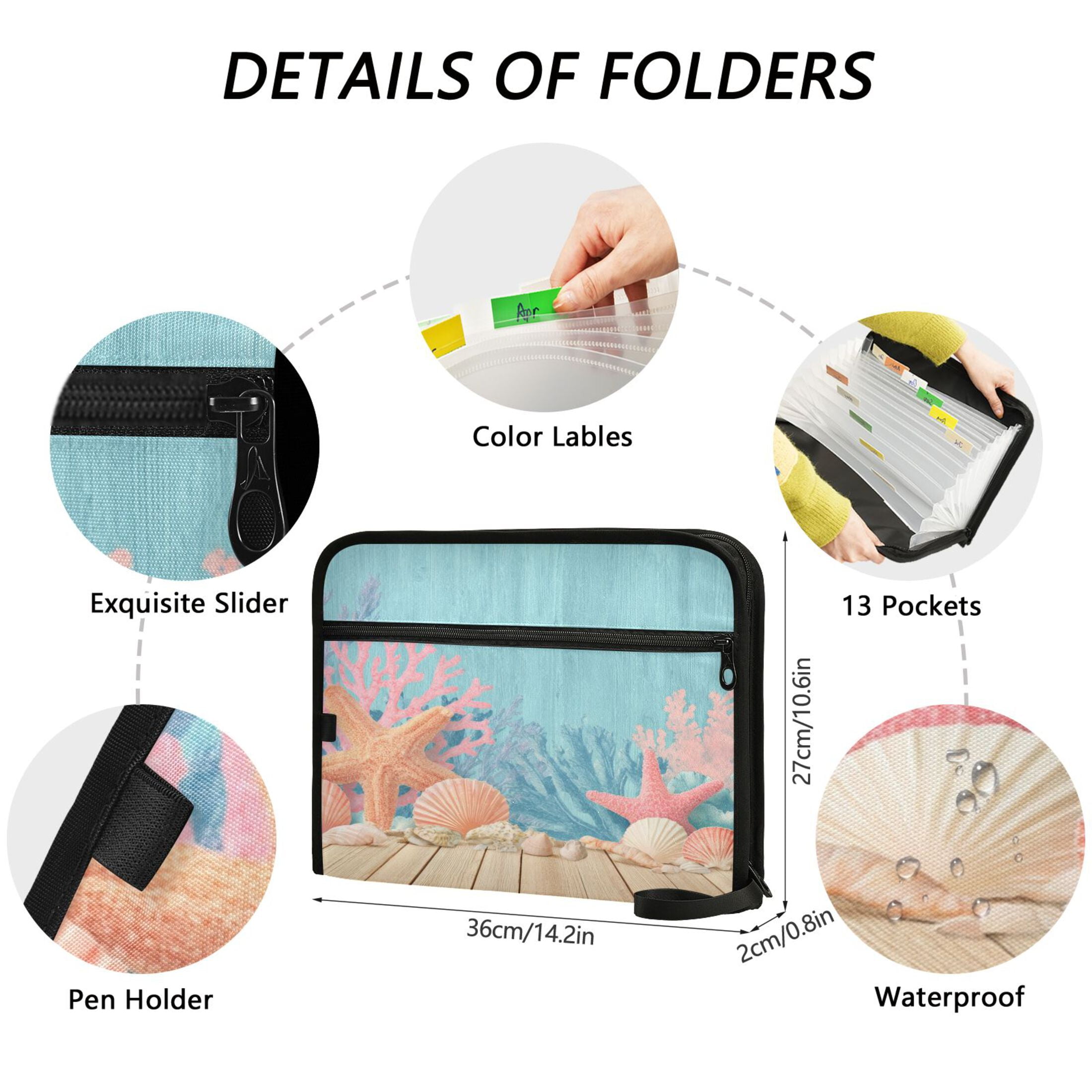 Accordion File Organizer with Zip Closure 13 Pockets Expanding File Folder Letter A4 Paper Document Organizer for Home Office Colorful Starfish and Seashells