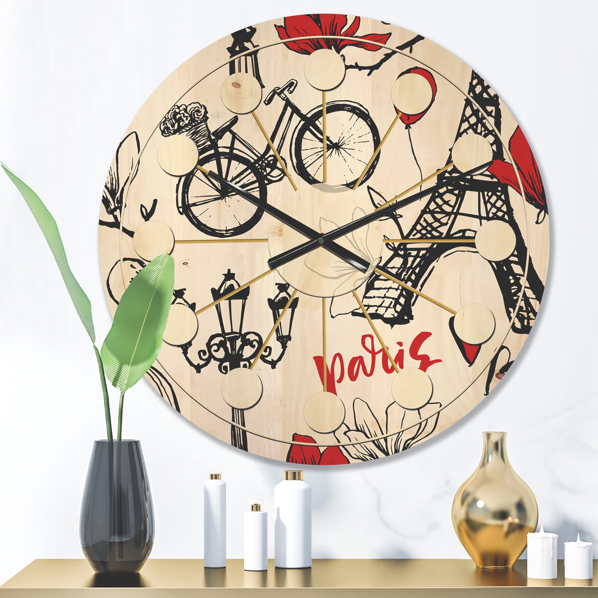 Designart 'Vactor Illustration Paris Eiffel ' Mid-Century Modern Wood Wall Clock